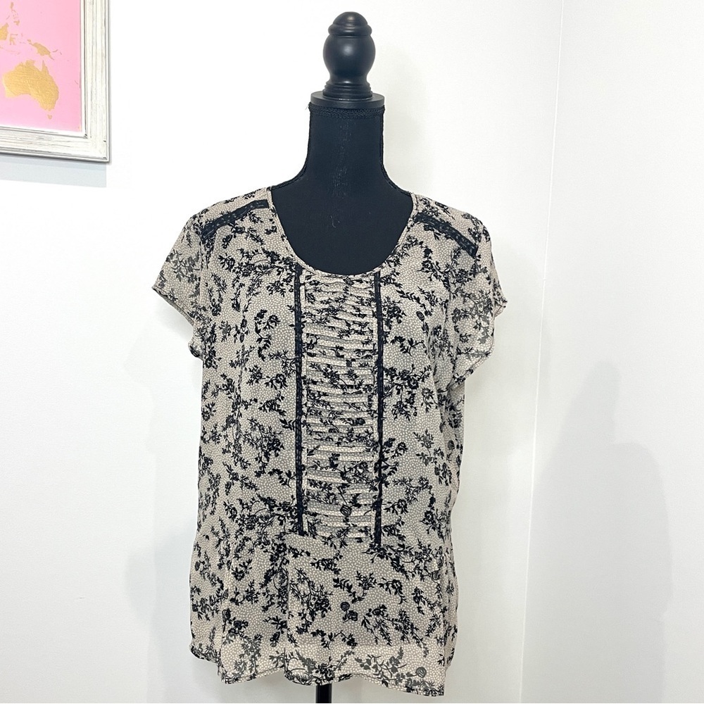 Hinge Floral Black and Gray Lace Trim Sheer Top